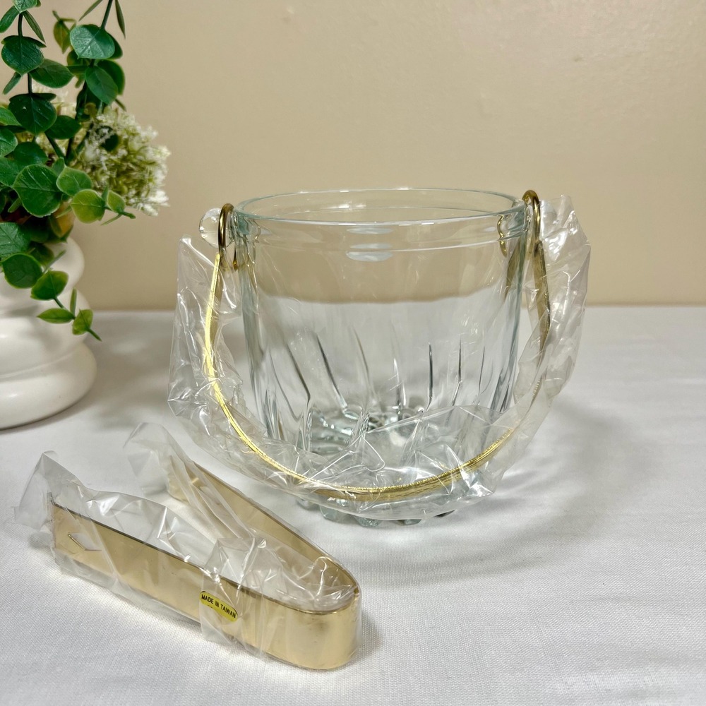 Vintage Crystal Oneida Ice Bucket with Gold Tongs | New without Box - Picture 6 of 10